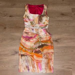 Black Halo Marbled Cocktail Dress front slit marbled design fully lined Sz 0